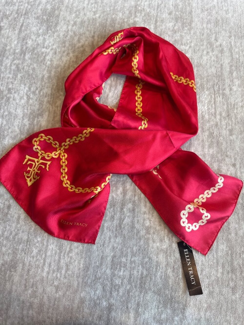 Vibrant Rectangle Red with Gold Chain 100% Silk Scarf Ellen Tracy